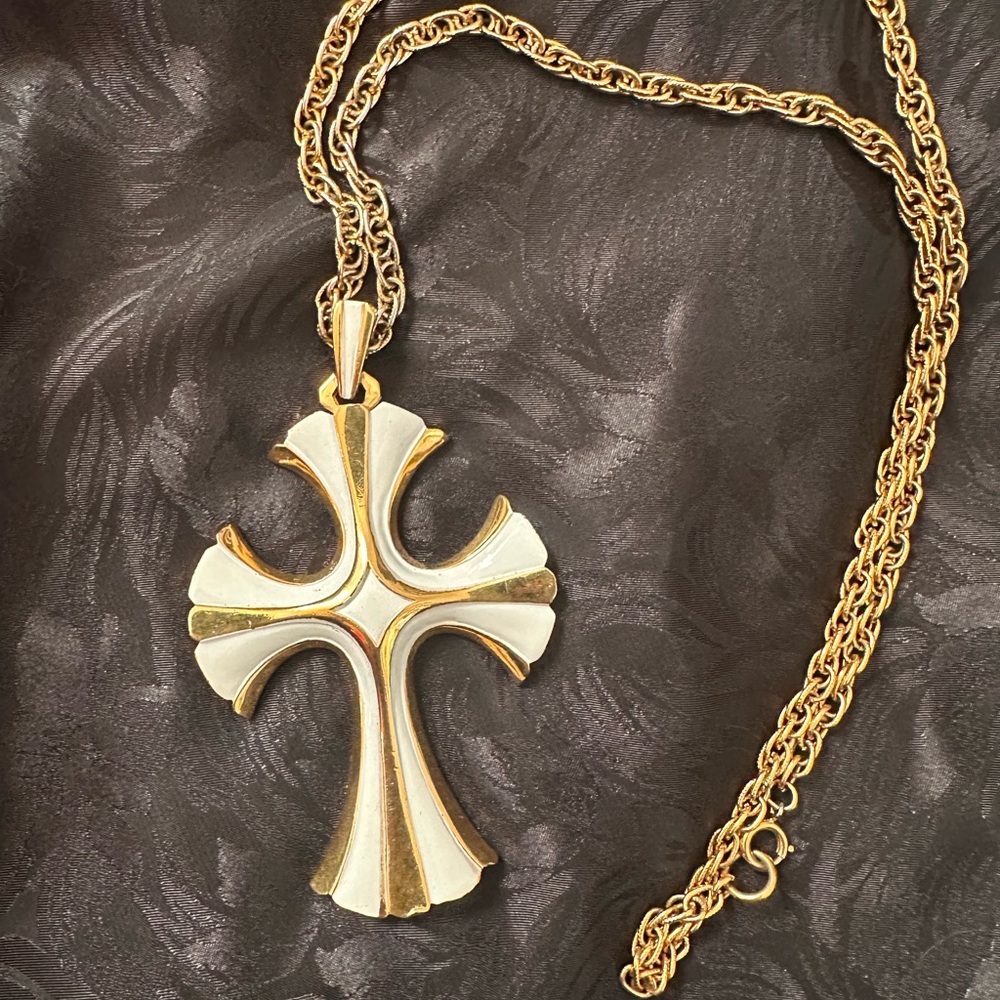 Vintage Trifari Gold and White Cross Pendant Necklace